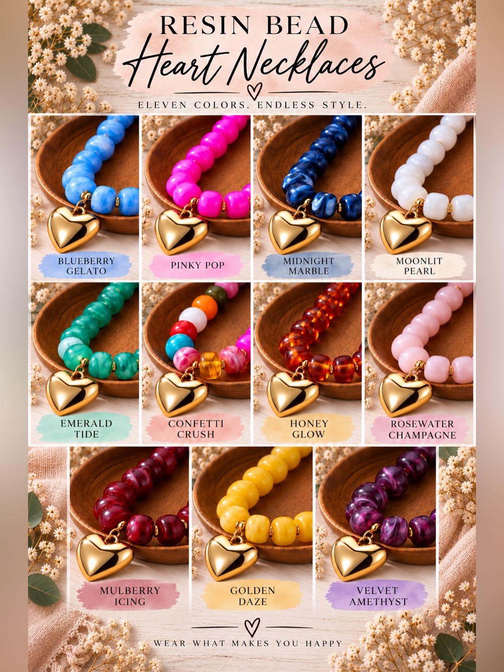 Color Your World Resin Beaded Gold Heart Necklaces 🩵🩷💙🤍💚💗🤎